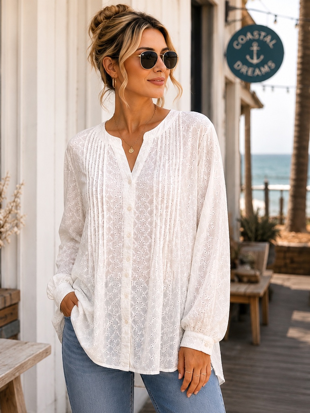 Fever White Eyelet Embroidered Pintuck Button Front Boho Tunic Blouse S